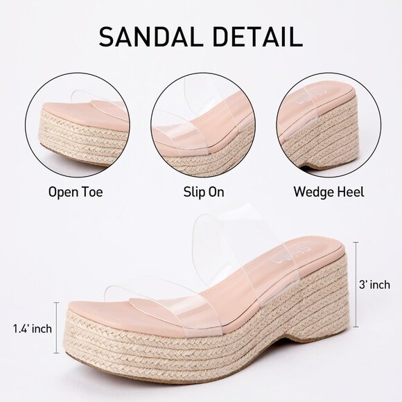 Women Slip On Espadrille Sandals Nude Size 8 Clear Strap Cushioned Wedges - Picture 7 of 8